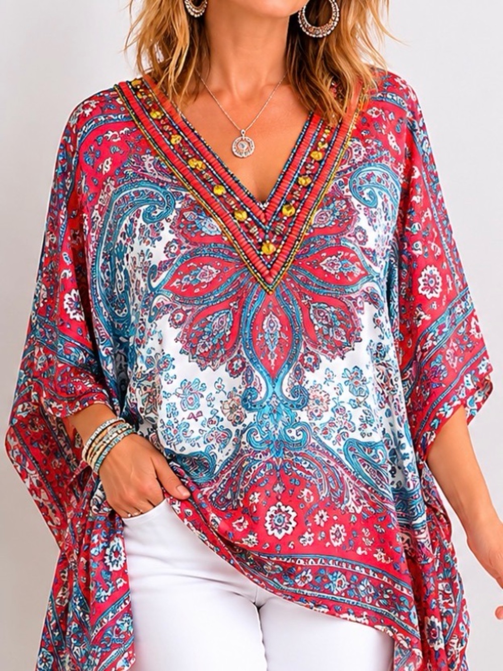 Chico’s Beaded Paisley Caftan Poncho Top Coral Blue Satin Feel L/XL - Picture 2 of 8